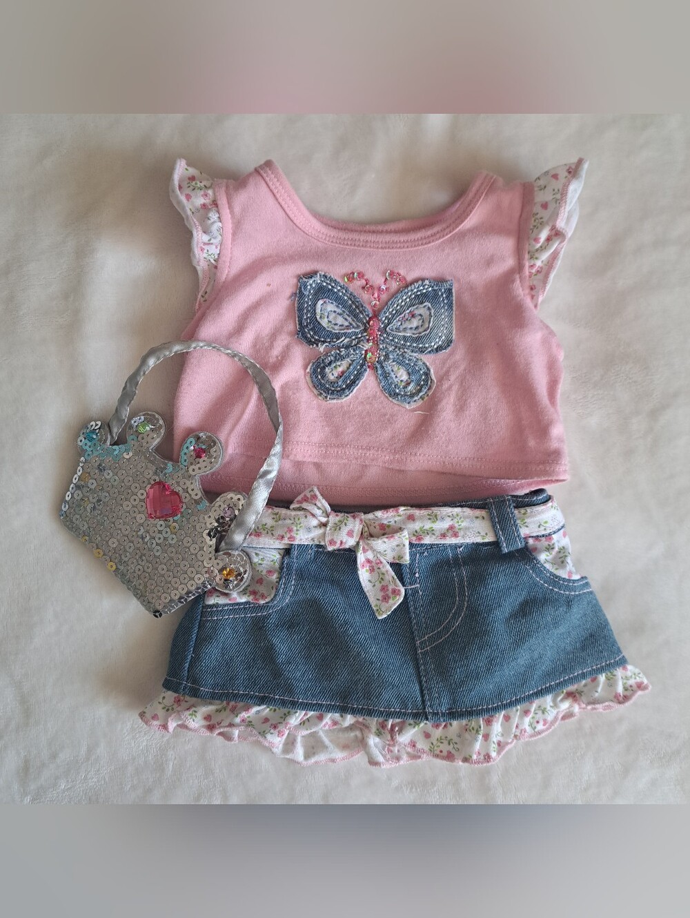 Build-A-Bear Pink Butterfly Tank Top and Denim Skort Set with Sparkle Purse